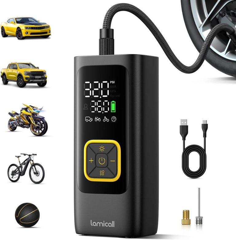 Lamicall Pompe à Vélo Électrique, Gonfleur Pneu Vélo - 6000mAh Autonomie Prolongée & 150 PSI avec Lumière LED, Compresseur à Air Portatif avec 3 Buses, 5 in 1 Gonfleur Pneus pour Voiture/VTT/Moto