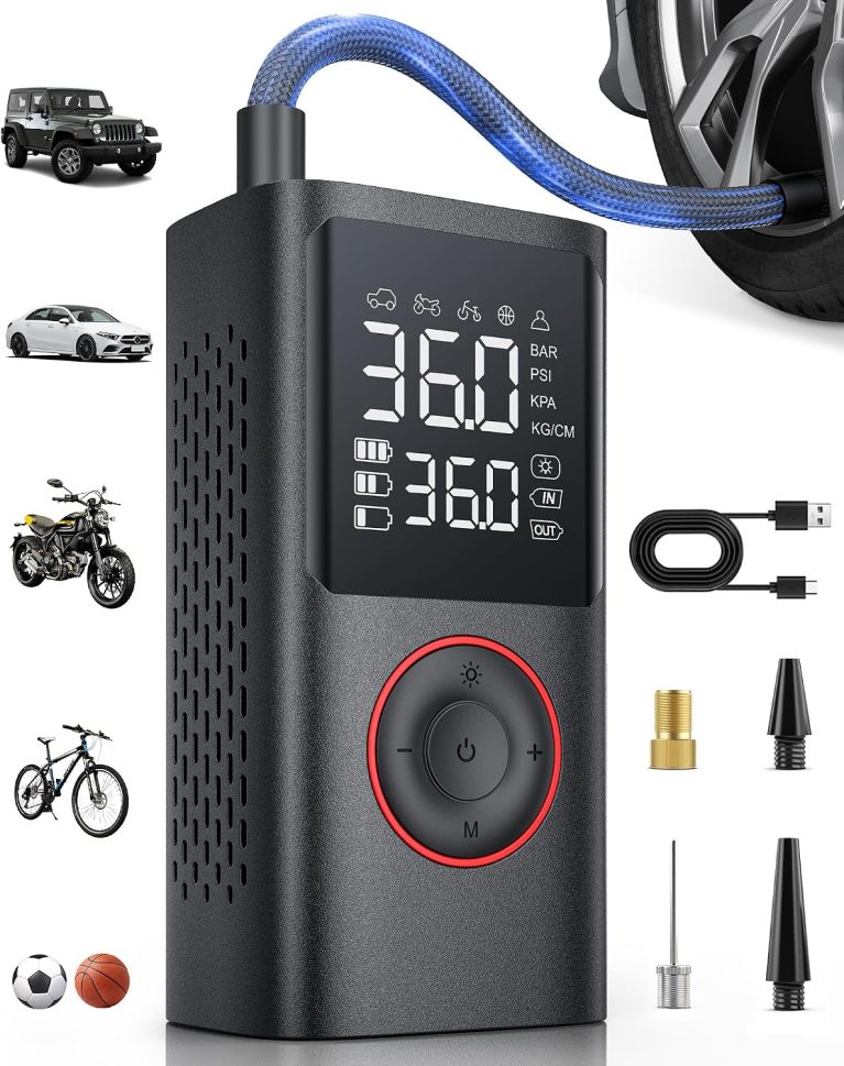 Powools Gonfleur Pneus Voiture Sans Fil 150 PSI Compresseur ATJ-006, pour Voiture, Moto, Vélo, Ballon, Gonflage 3X Plus Rapide, Arrêt Automatique, Écran Numérique